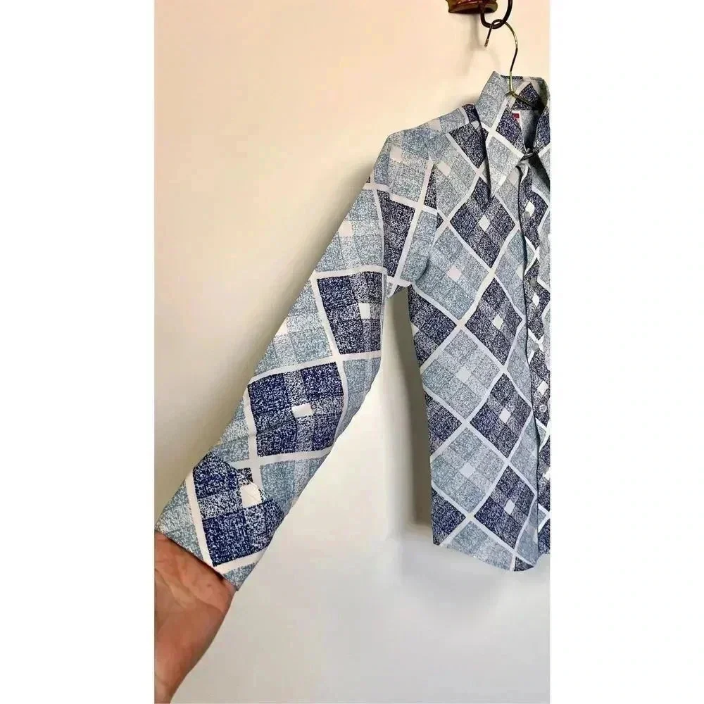 Vintage 90s Zayre Kids Blue Speckled Diamond Long Sleeve Button Up Shirt Size 12